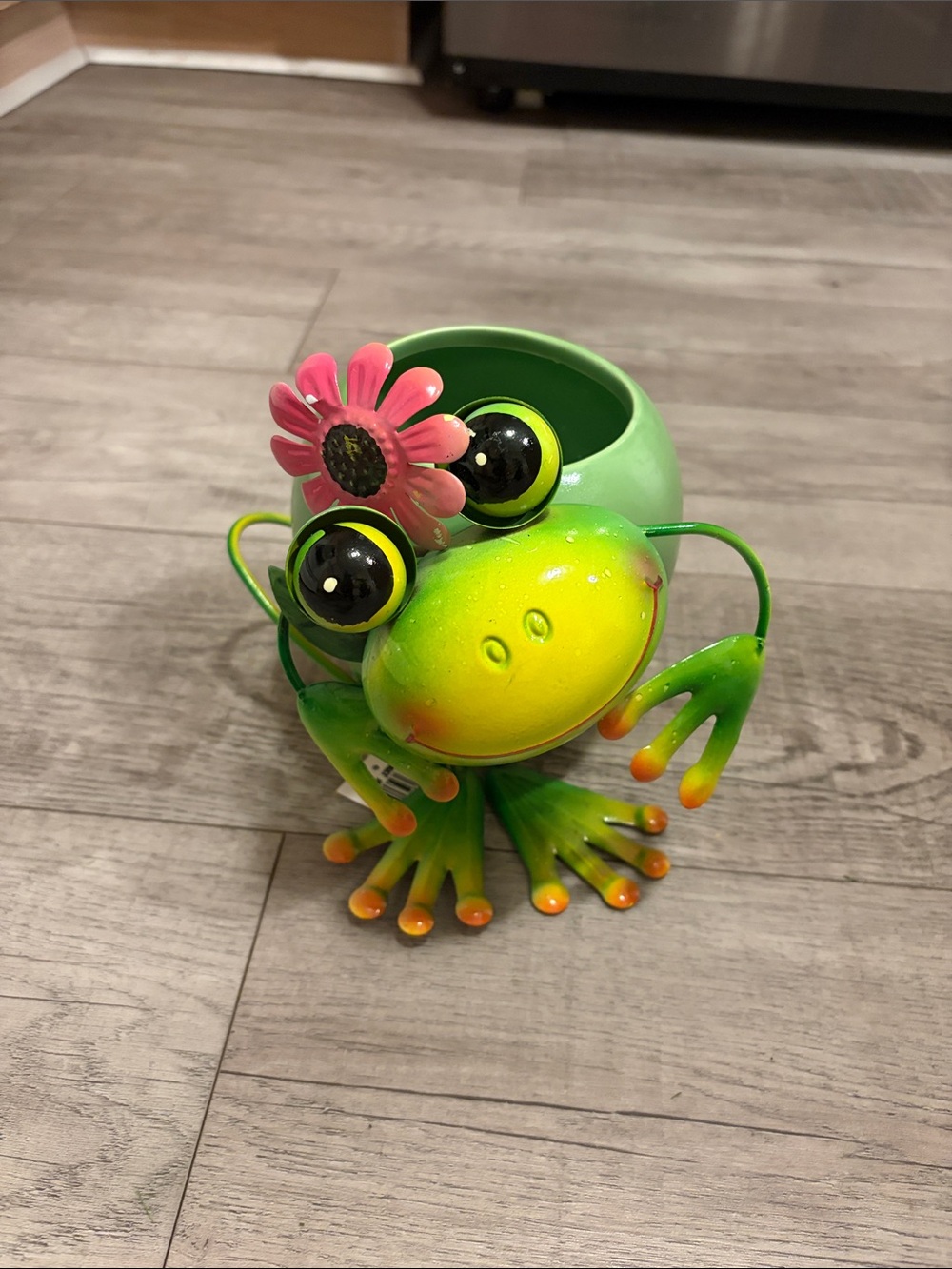 Green Frog Planter with Pink Flower Accent
